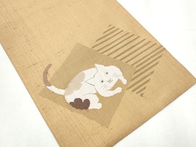 平和屋着物●半幅帯　紬地　すくい織　ワンポイント　猫　芝翫茶色　正絹　逸品　CABB0581hy 平和屋着物○半幅帯 紬地 すくい織 ワンポイント 猫 芝翫茶色 正絹
