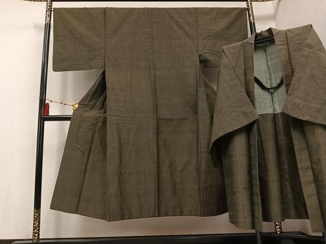 平和屋着物 男性 結城紬 アンサンブル 杢 涅色 正絹 ph