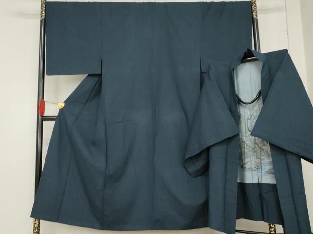 平和屋着物●男性 紬 アンサンブル 色無地 深縹色 正絹 cs