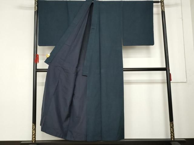 平和屋着物 男性 紬 アンサンブル 色無地 深縹色 正絹 cs