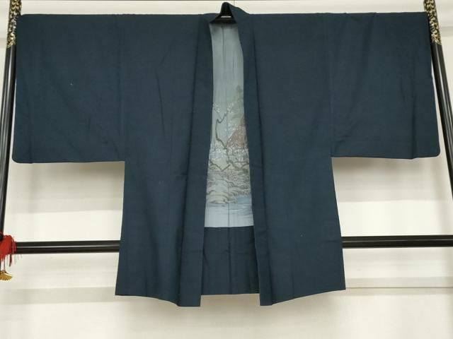 平和屋着物●男性　紬　アンサンブル　色無地　深縹色　正絹　逸品　AABE2747cs 平和屋着物○男性 紬 アンサンブル 色無地 深縹色 正絹 逸品