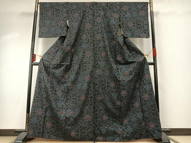 平和屋着物 本場大島紬 一元7マルキ 花唐草文 正絹 fy