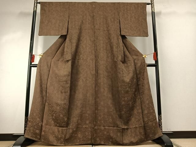 平和屋着物 上質な色無地 草花地紋 黄枯茶色 正絹 fy