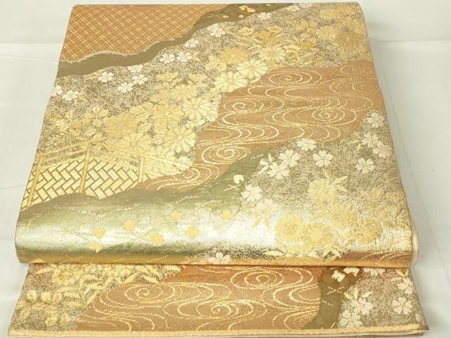 平和屋着物◎佐賀錦 六通柄袋帯 流水花文 金糸 正絹 逸品 DAAY6945qp