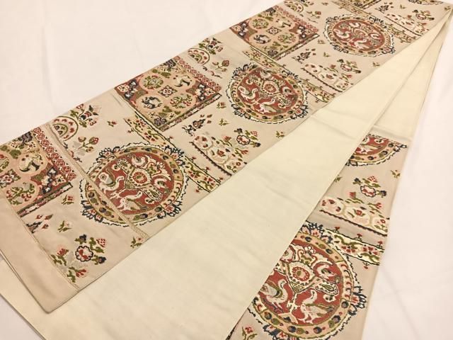 平和屋着物●六通柄袋帯　唐織　京の名工　向かい鳥花丸文　金銀糸　正絹　逸品　CABA9148dy 平和屋着物◎六通柄袋帯 唐織 向かい鳥花丸文 金銀糸 正絹 逸品