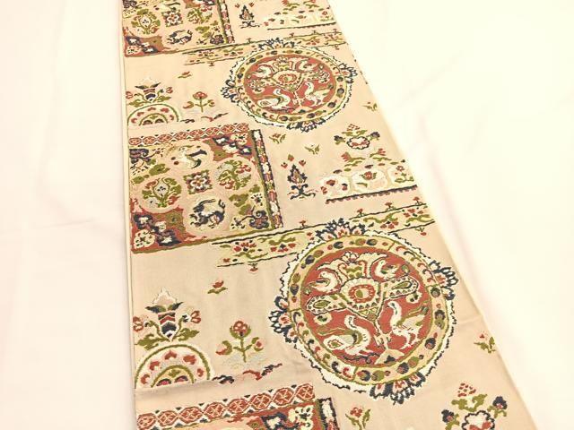 平和屋着物◎六通柄袋帯 唐織 向かい鳥花丸文 金銀糸 正絹 逸品