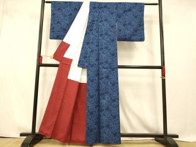 平和屋着物□上質な小紋 紬地 本藍型絵染 流水枝