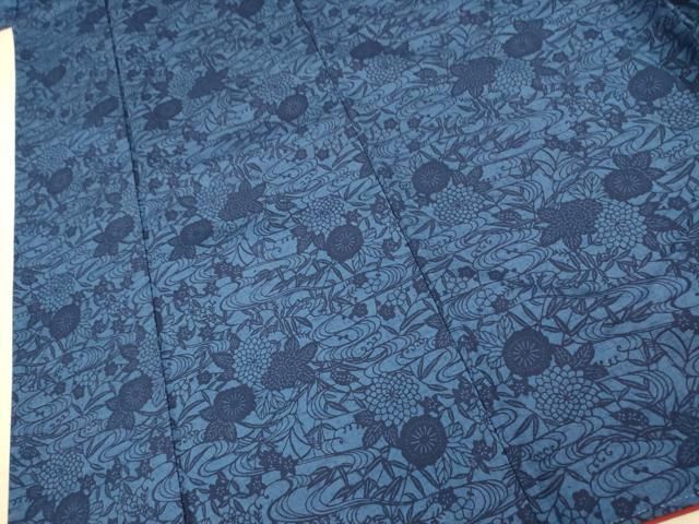 平和屋着物□上質な小紋 紬地 本藍型絵染 流水枝