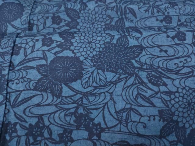 平和屋着物□上質な小紋 紬地 本藍型絵染 流水枝
