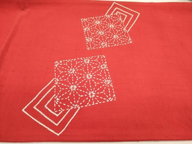 平和屋着物▽太鼓柄袋帯 紬地 刺し子 色紙吉祥文 正絹 逸品 未