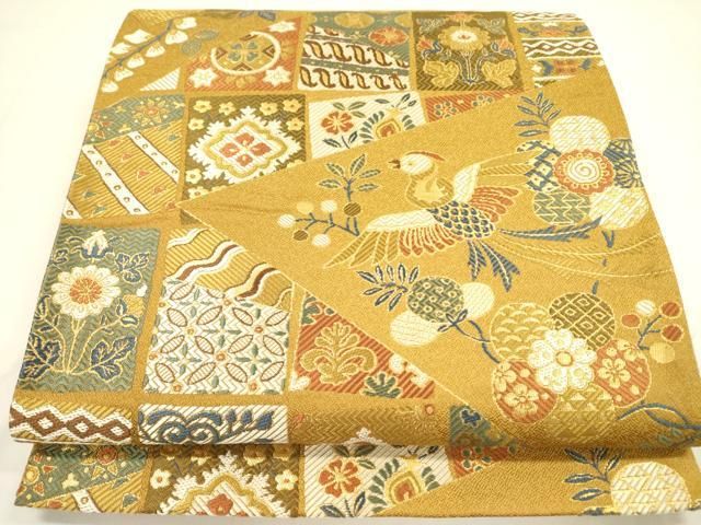 平和屋着物▽西陣 六通柄袋帯 鳳凰花文 もみ金唐箔