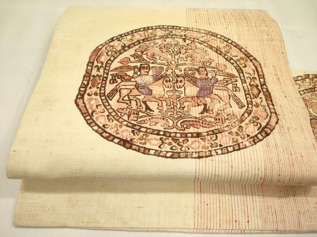 平和屋着物▽九寸名古屋帯 作家物 紬地 狩猟文 正絹 逸品