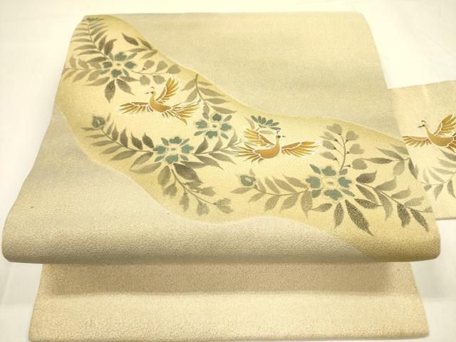 平和屋着物▽九寸名古屋帯 花鳥文 金通し地 正絹 逸品 DABA6080op