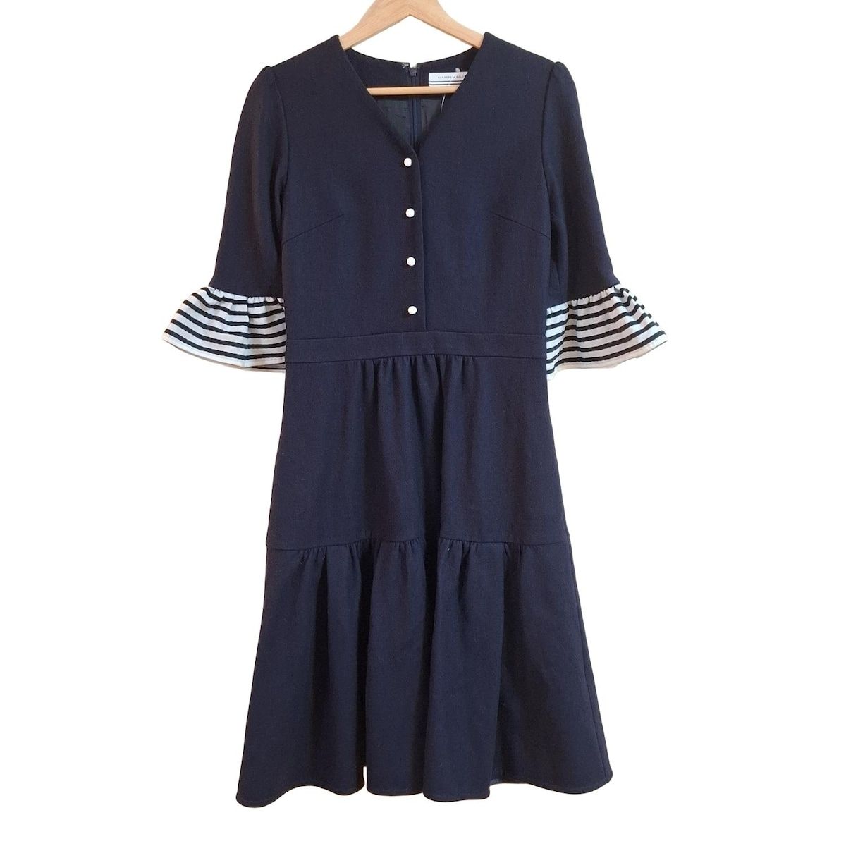 BORDERS at BALCONY ボーダーズアットバルコニー ワンピース サイズ38 M レディース - ダークネイビー×白×黒 Vネック 七分袖 ロング