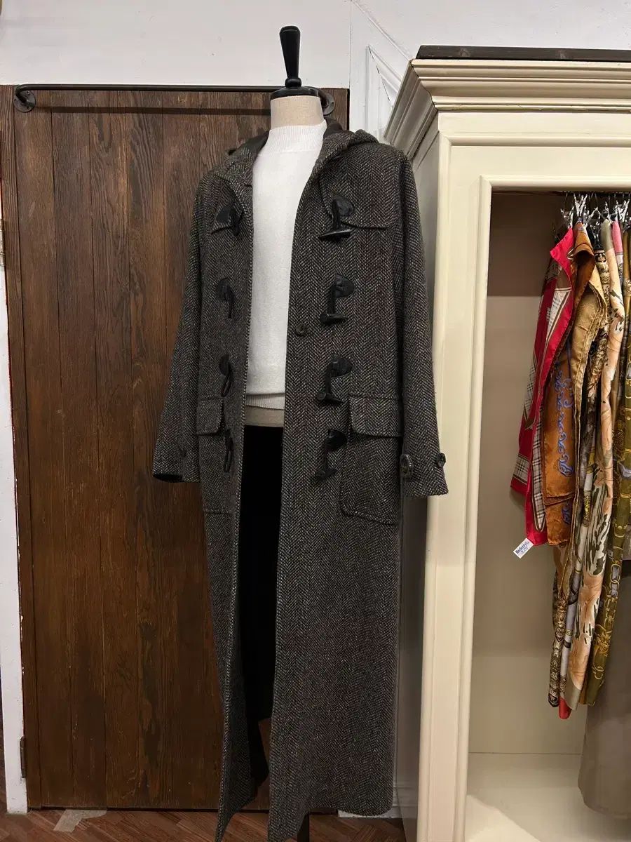 ブラウン ヘリンボーン ウール ダッフルロングコート