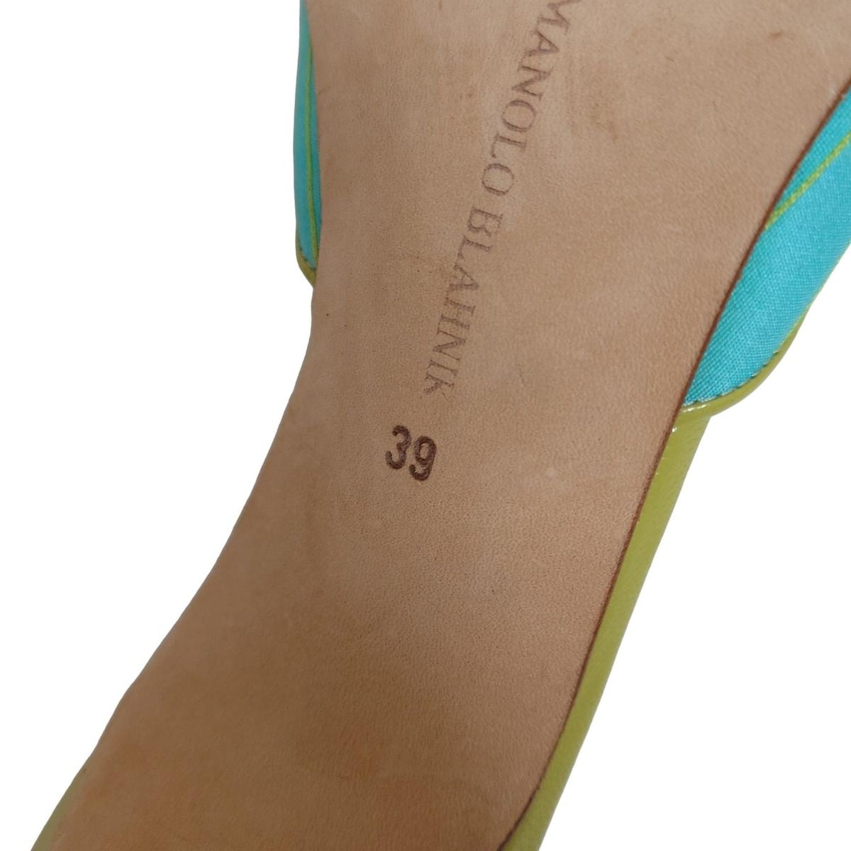  MANOLO BLAHNIK マノロブラニク ミュール 39 レディース - ライトブルー×イエローグリーン リボン ミュール サンダル ミュール