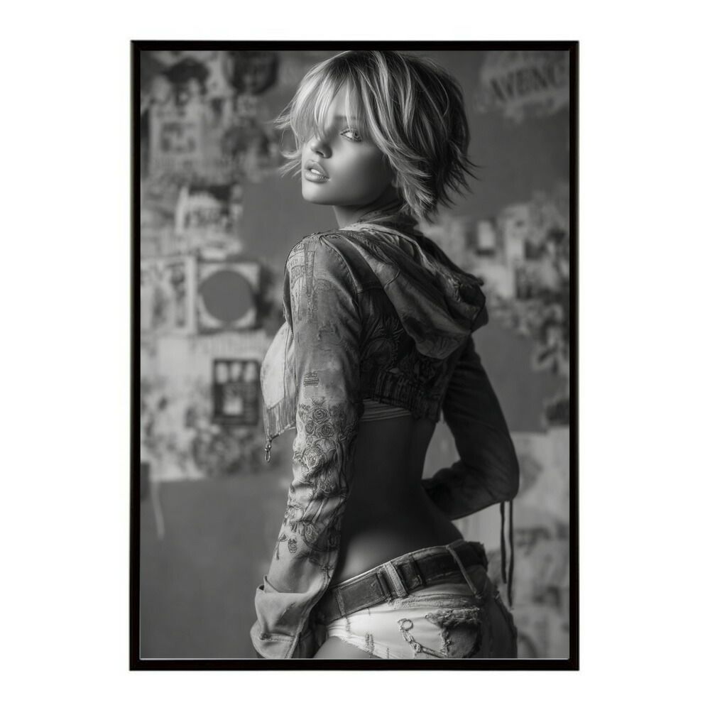 A 約59 x 84 cm lm poster 1080 フレーム付き 白黒 ポスター 女性 グランジ風 モノクロ アート インテリア アートプリント 英字ロゴ 壁掛け 北欧風 リビング 寝室 カフェ