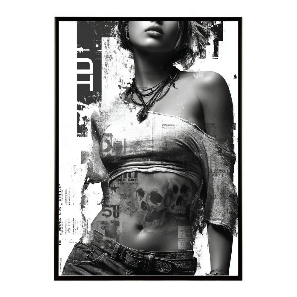 A 約42 x 59 cm lm-poster-1081 フレーム付き 白黒 ポスター 女性 グランジ風 モノクロ アート インテリア エモい カフェ