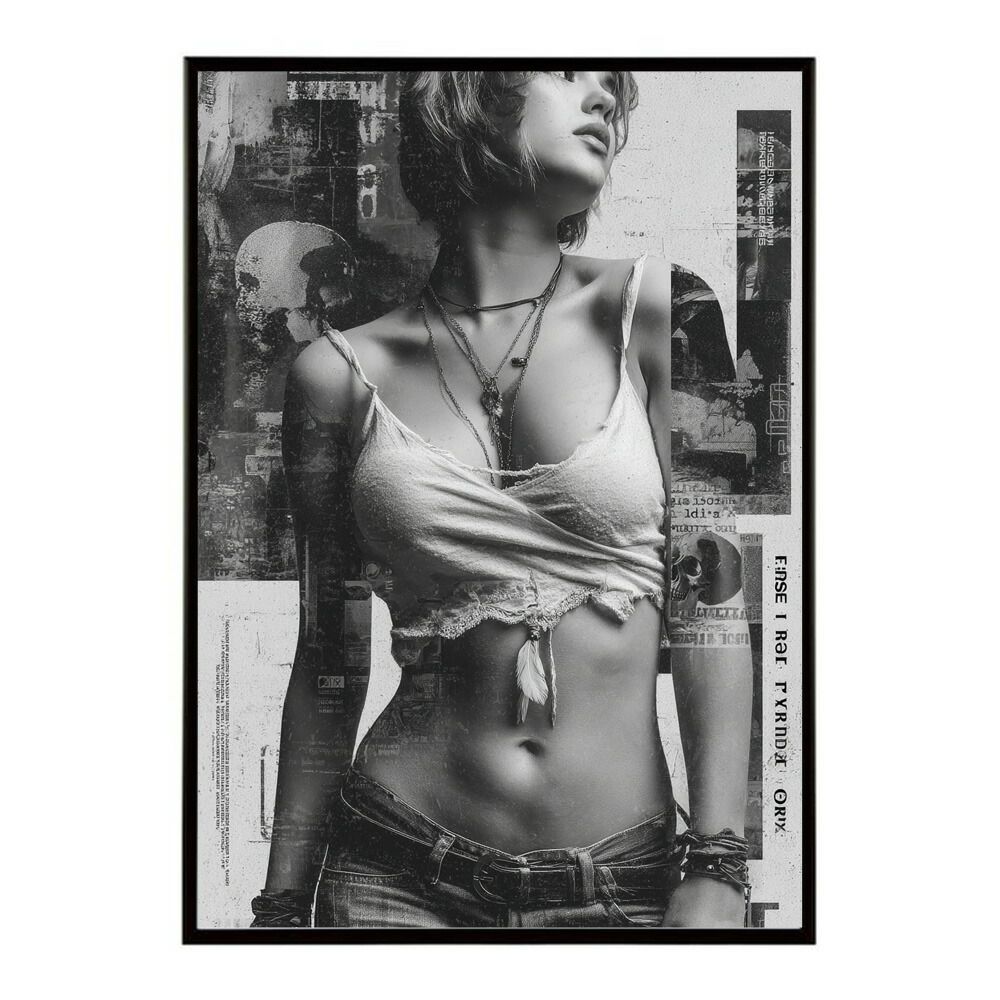 B 約51 x 73 cm lm-poster-1114 フレーム付き 白黒 ポスター 女性 グランジ風 モノクロ アート インテリア 壁掛け 北欧 モダン リビング 寝室 カフェ風 アートプリント