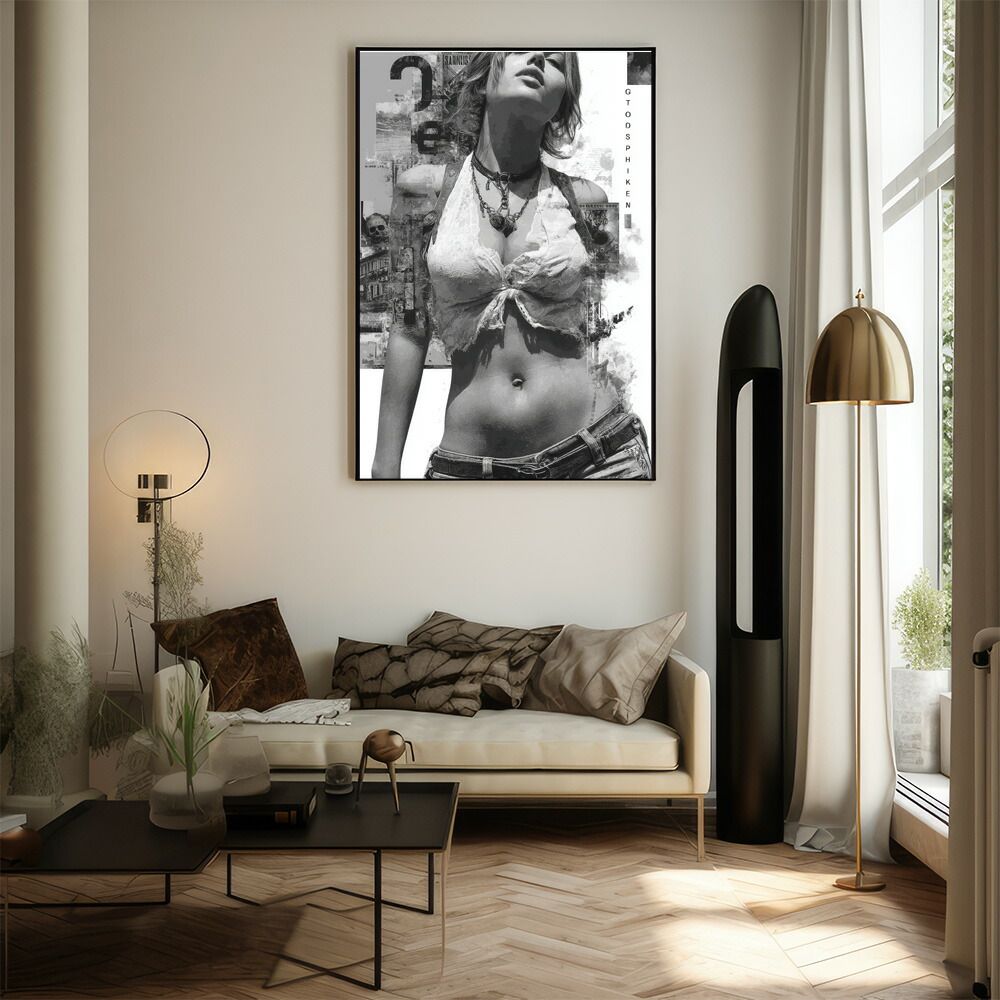 A 約42 x 59 cm lm-poster-1125 フレーム付き 白黒 ポスター 女性 グランジ風 モノクロ アート インテリア 壁掛け 北欧 モダン リビング 寝室 カフェ風