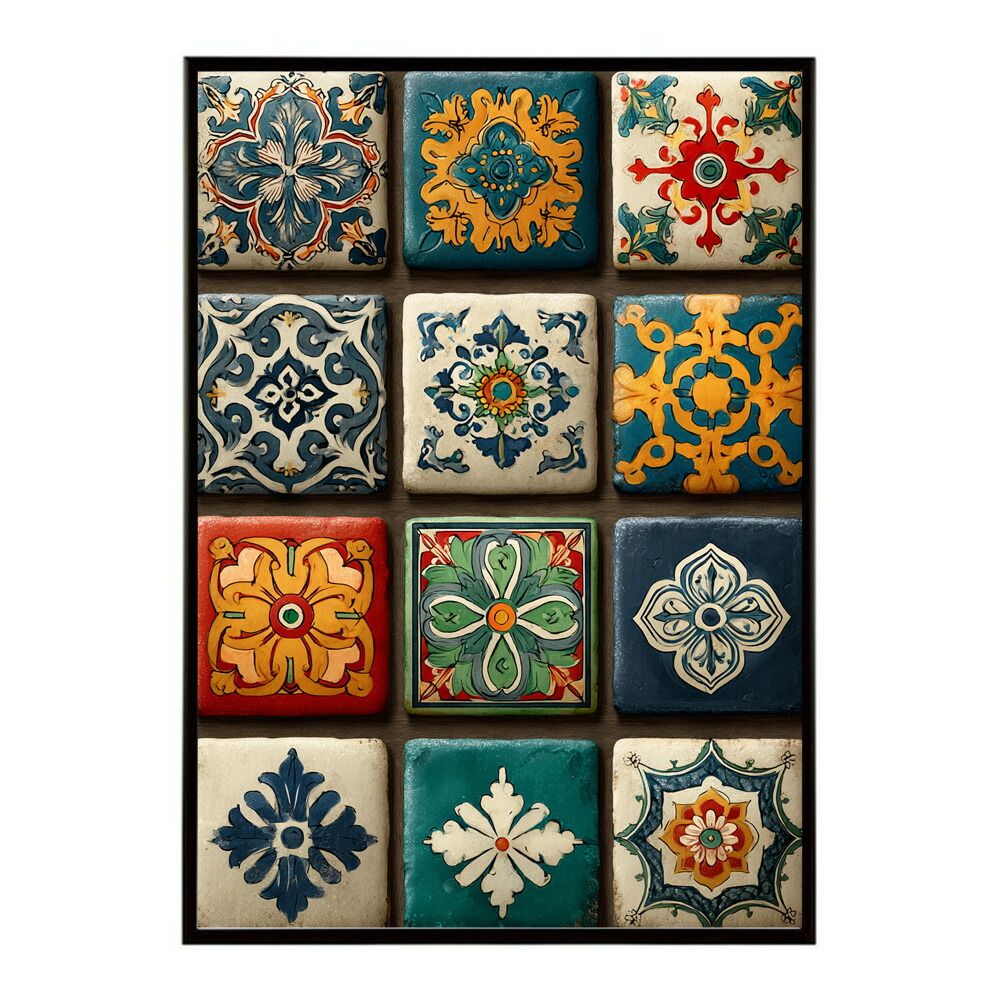 B 約73 x 103 cm lm-poster-117 フレーム付き アズレージョ ポスター タイル柄 モロッコ風 インテリア アート 壁掛け 北欧 雑貨 リビング 玄関 カフェ風