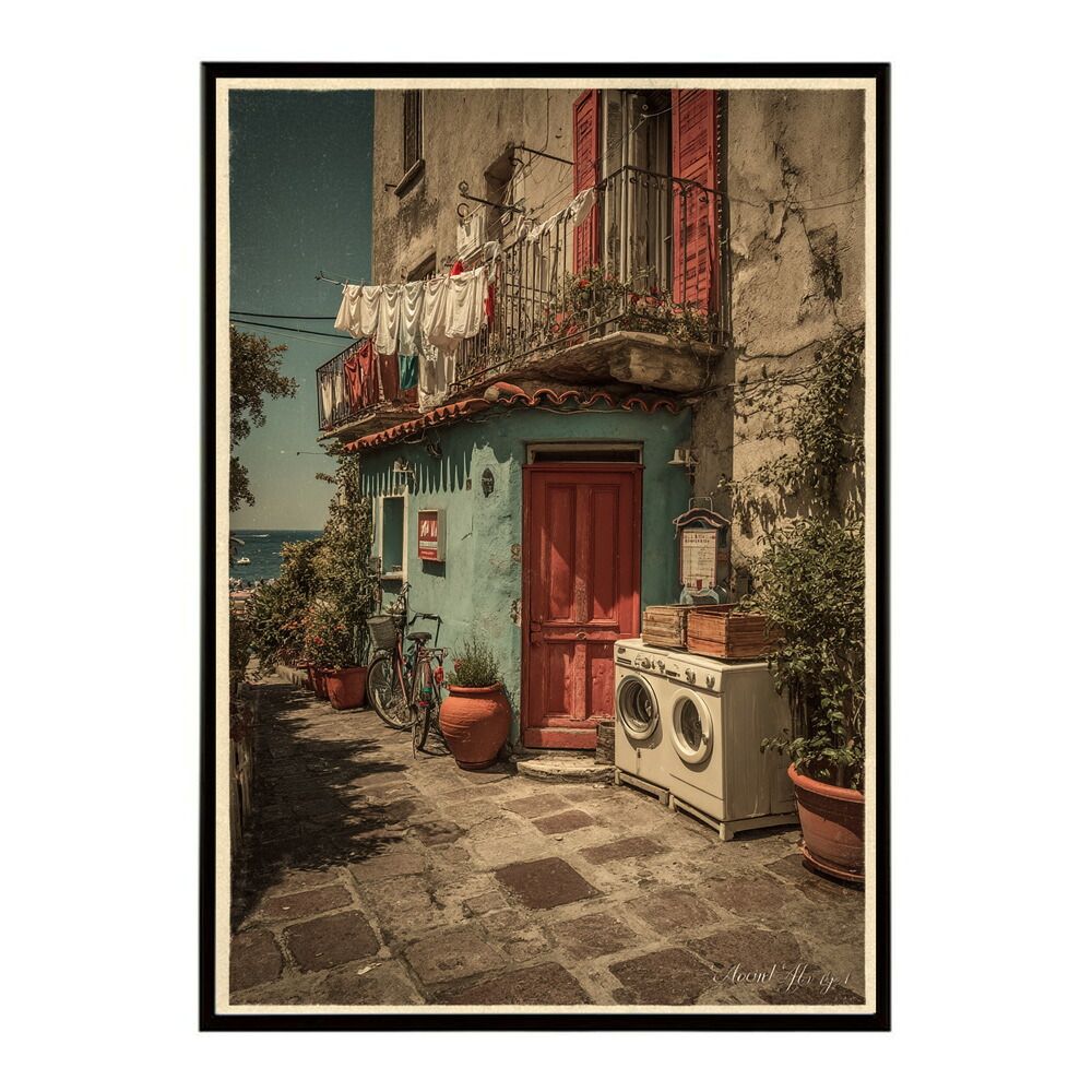 A 約42 x 59 cm lm poster 1176 フレーム付き 地中海 ポスター 南欧風 海 青い街並み アートプリント インテリア 壁掛け 北欧 リゾート風 リビング 玄関 寝室 カフェ