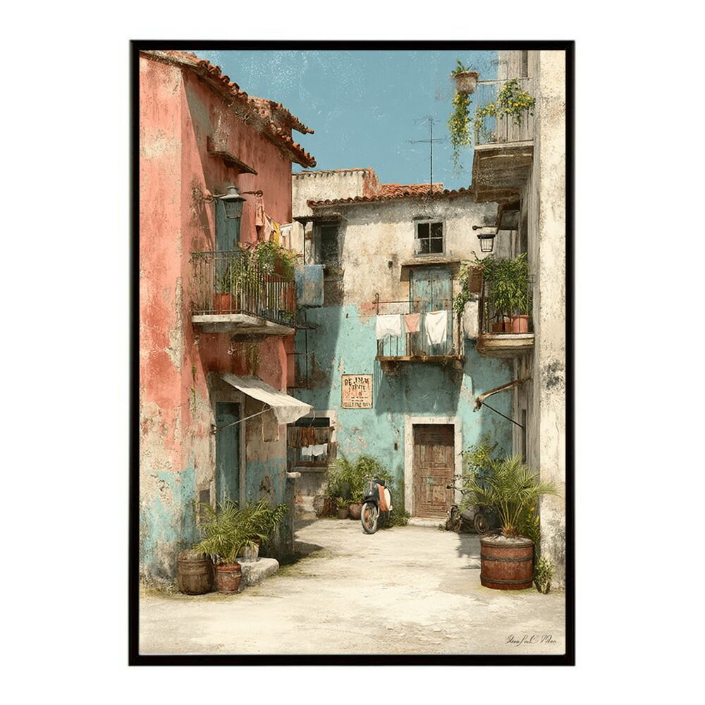 A 約42 x 59 cm lm poster 1177 フレーム付き 地中海 ポスター 南欧風 海 青い街並み アートプリント インテリア 壁掛け 北欧 リゾート風 リビング 玄関 寝室 カフェ