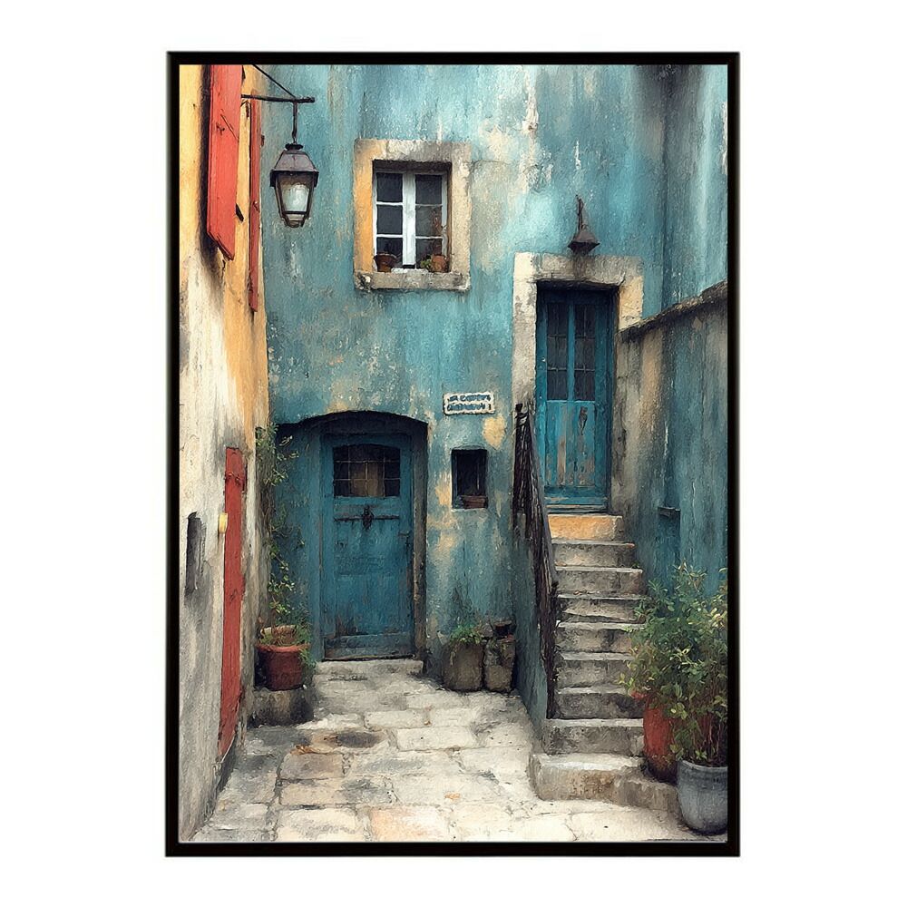 A 約59 x 84 cm lm poster 1182 フレーム付き 地中海 ポスター 南欧風 海 青い街並み アートプリント インテリア 壁掛け 北欧 リゾート風 リビング 玄関 寝室 カフェ
