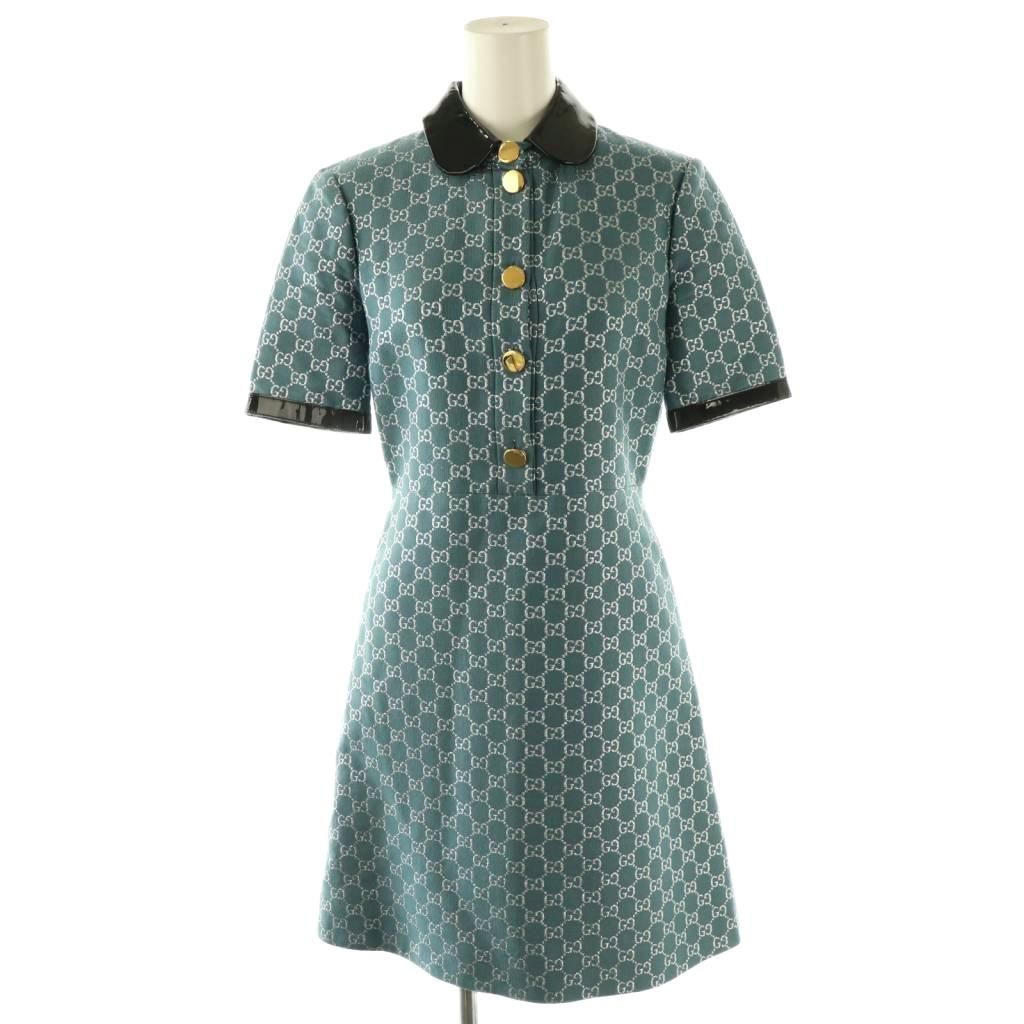 グッチ GUCCI 622990 GGロゴ エナメル切替 半袖ワンピース ミニ ウール シルク混 36 ライトブルー NR OS