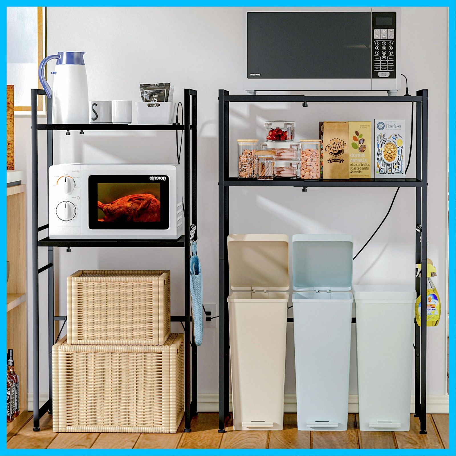 数量 キッチンラック レンジ台 オーペンラック コンセント付きキッチンベイカーラック ゴミ箱収納 プリント台ラック 横幅伸縮できる 可動式棚板多段調整 Sフック付き 幅60.5から-80まで 奥行42 高さ129.5 cm 荷重70 kg 錆び防止 ゴ