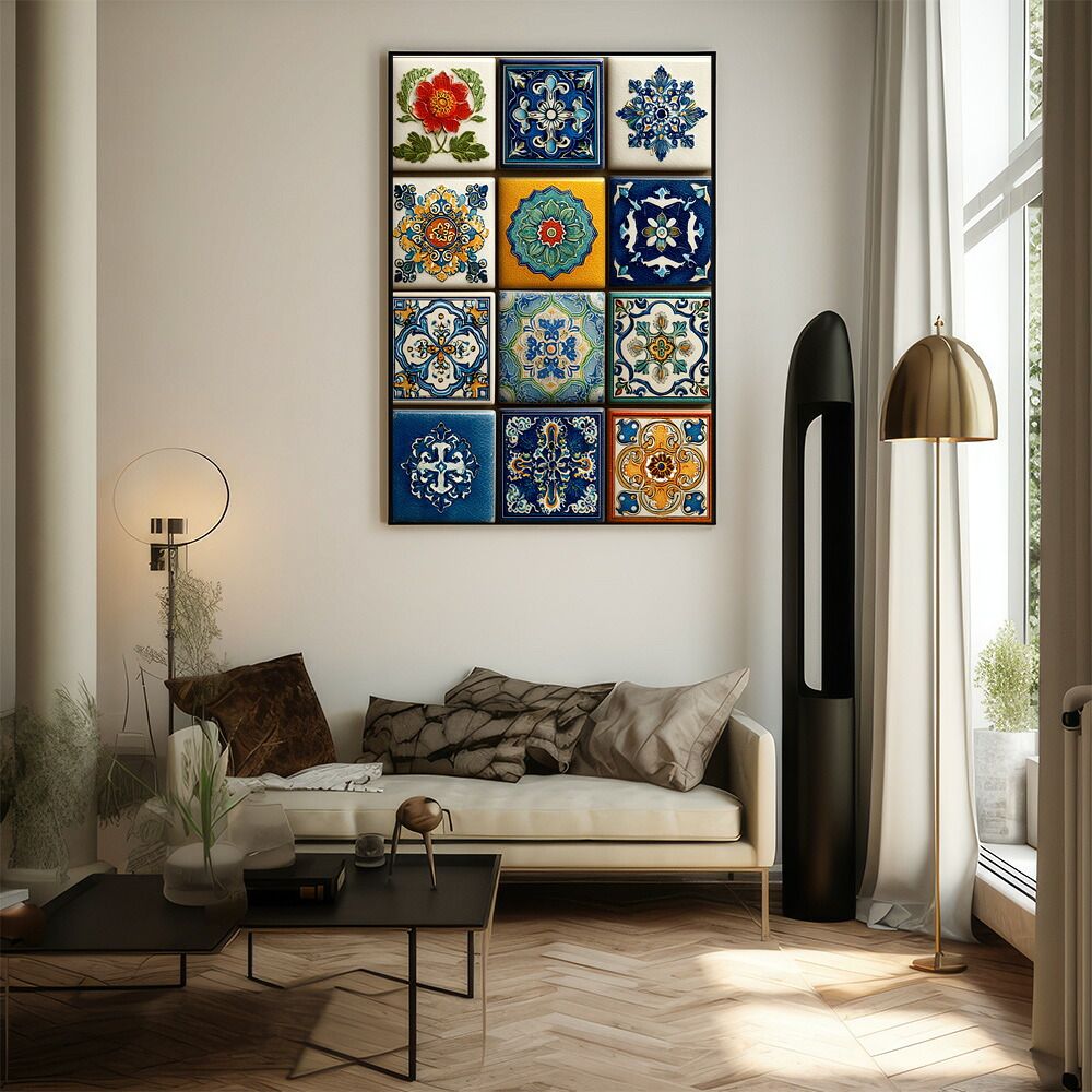 【B2サイズ（約51x73cm）】【lm-poster-150】【フレーム付き】アズレージョ ポスター タイル柄 モロッコ風 インテリア アート 壁掛け ポスター 北欧 雑貨 リビング 玄関 カフェ風 インテリア