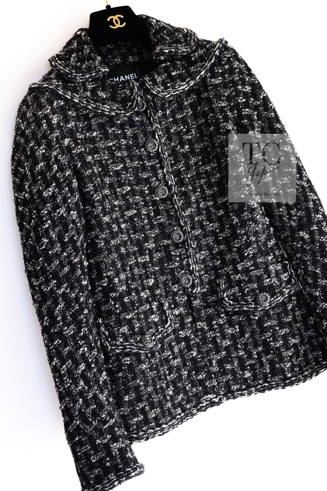 シャネル ジャケット CHANEL ブラック グレー ピーターパン襟 ツイード