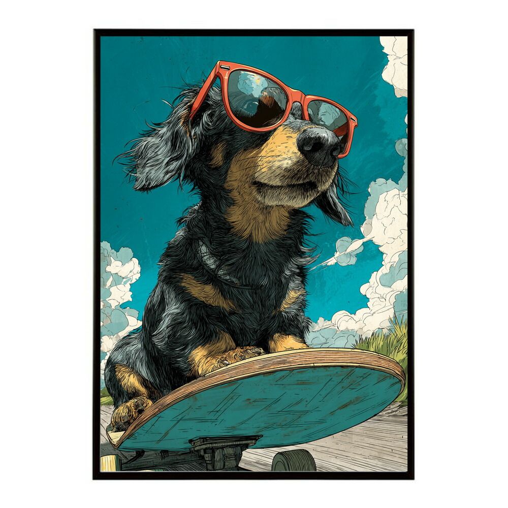 【B3サイズ（約36x51cm）】【lm-poster-1890】【フレーム付き】カラフルスケボードッグ アニメ 動物 スポーツ レトロ ビンテージ 犬 ポスター インテリア