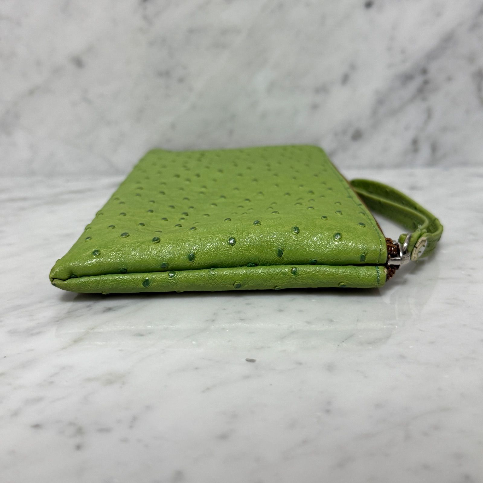 美品 OSTRICH オーストリッチ 長財布 L字ファスナー グリーン 緑 本革 