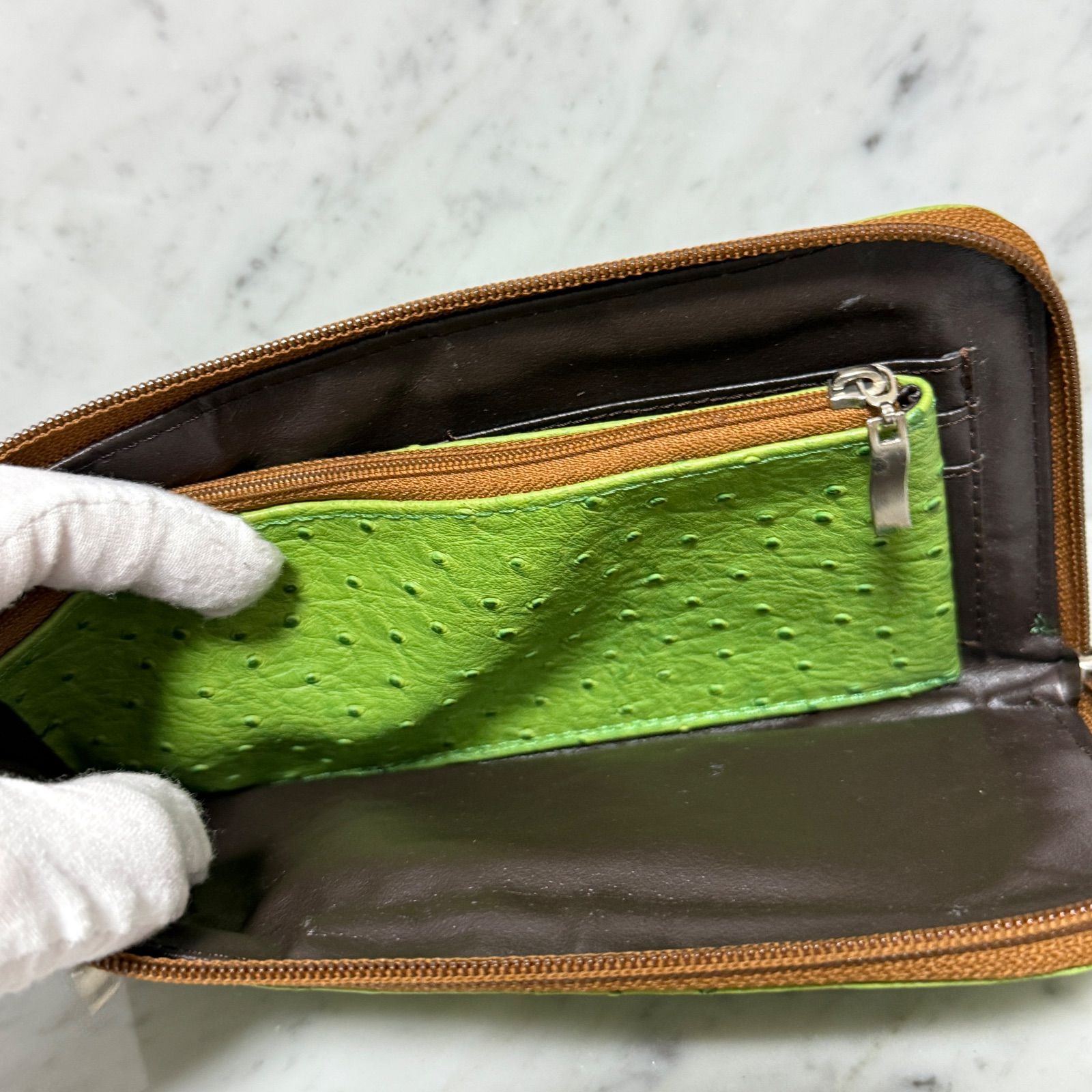 美品 OSTRICH オーストリッチ 長財布 L字ファスナー グリーン 緑 本革 