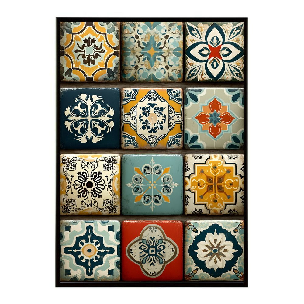 【B2サイズ（約51x73cm）】【lm-poster-194】【フレーム付き】アズレージョ ポスター タイル柄 モロッコ風 インテリア アート 壁掛け ポスター 北欧 雑貨 リビング 玄関 カフェ風 インテリア