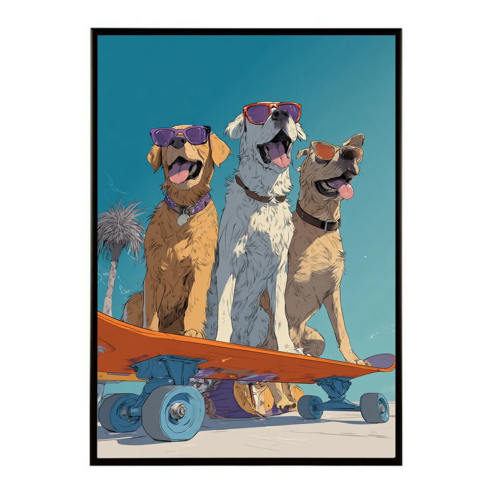  【A4サイズ（約21x30cm）】【lm-poster-1961】【フレーム付き】カラフルスケボードッグ アニメ 動物 スポーツ レトロ ビンテージ 犬 ポスター インテリア レリーフ・アート