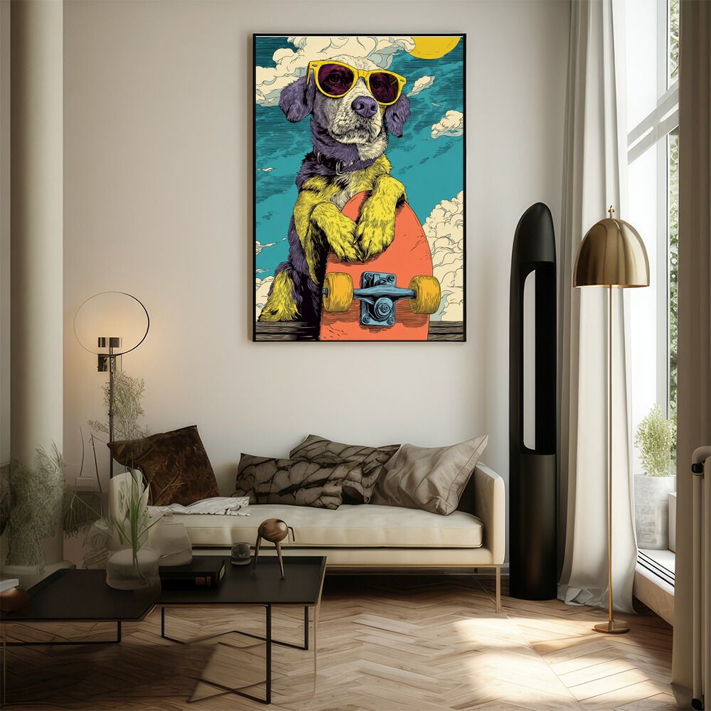 【B3サイズ（約36x51cm）】【lm-poster-1968】【フレーム付き】カラフルスケボードッグ アニメ 動物 スポーツ レトロ ビンテージ 犬 ポスター インテリア