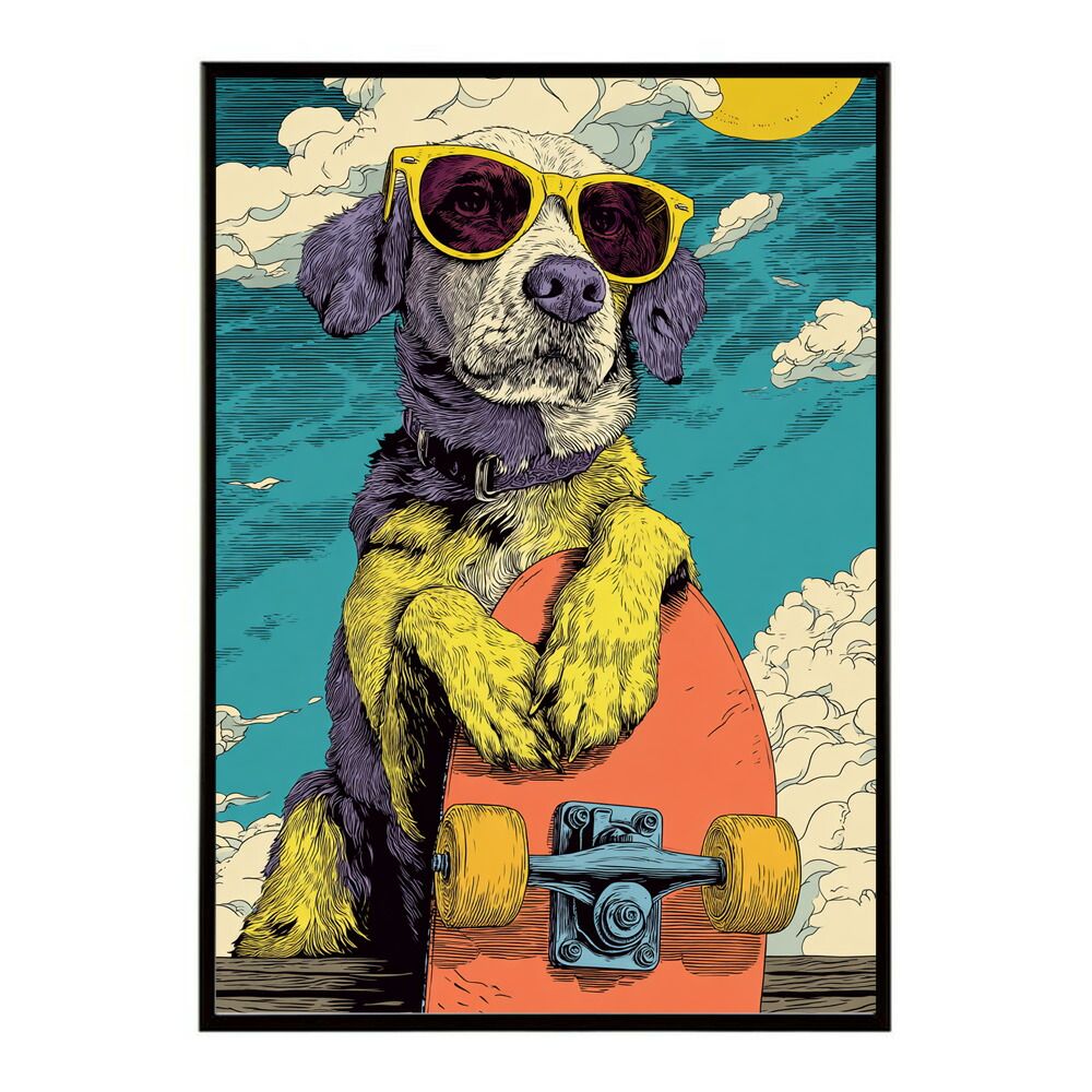 【B2サイズ（約51x73cm）】【lm-poster-1968】【フレーム付き】カラフルスケボードッグ アニメ 動物 スポーツ レトロ ビンテージ 犬 ポスター インテリア