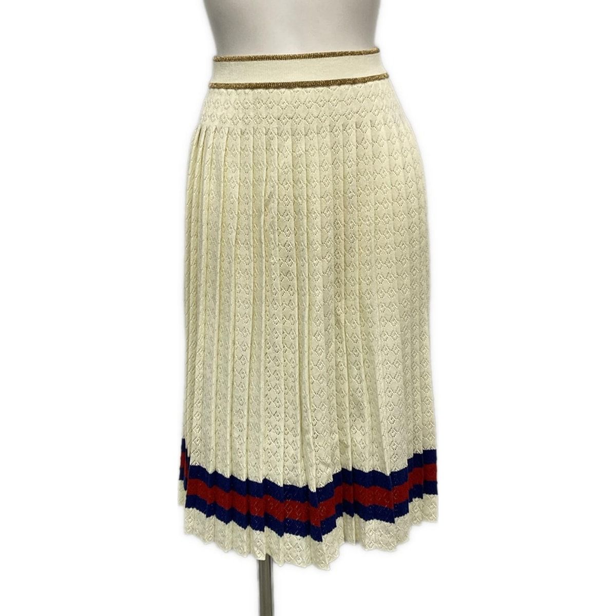 GUCCI グッチ ロングスカート サイズXS レディース - 753774 アイボリー×ネイビー×レッド プリーツ|ウエストゴム コットン