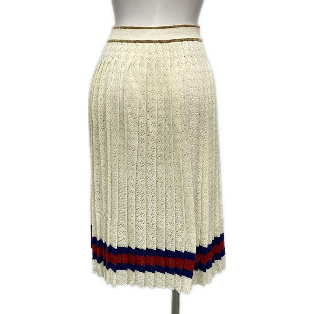 GUCCI グッチ ロングスカート サイズXS レディース - 753774 アイボリー×ネイビー×レッド プリーツ ウエストゴム コットン