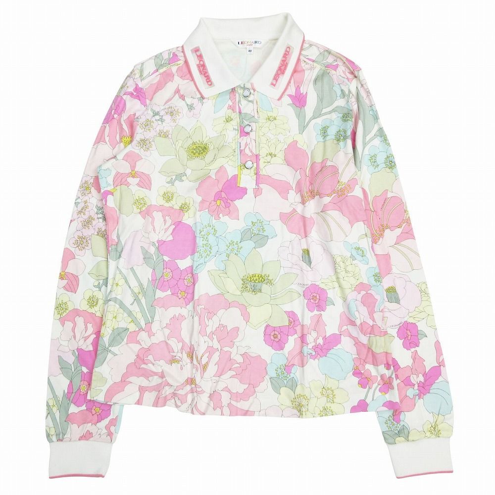 LEONARD レオナール フラワープリント総柄 ポロシャツ トップス ピンク ホワイト サイズM レディース