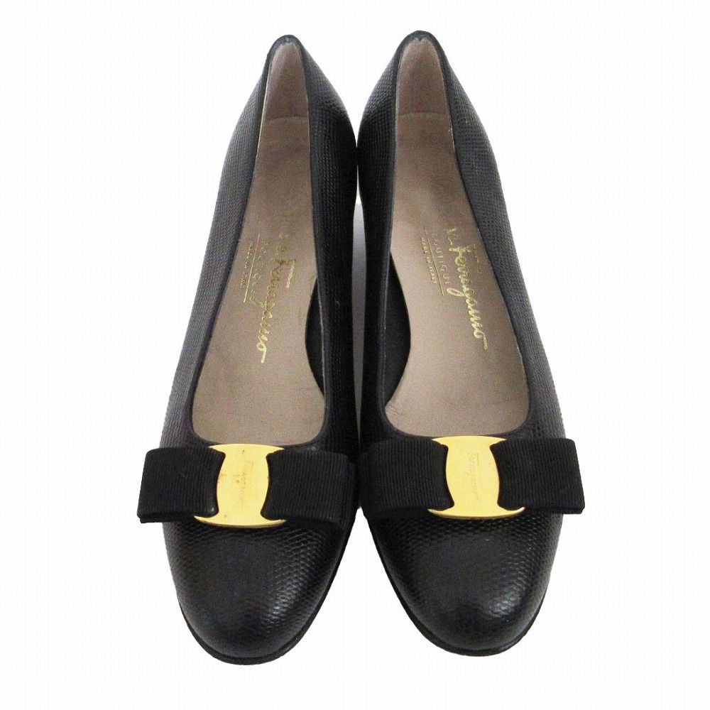 美品 サルヴァトーレフェラガモ ヴァラリボン パンプス リザード BLK 極美品】サルヴァトーレ・フェラガモ ヴァラ リボン パンプス リザード