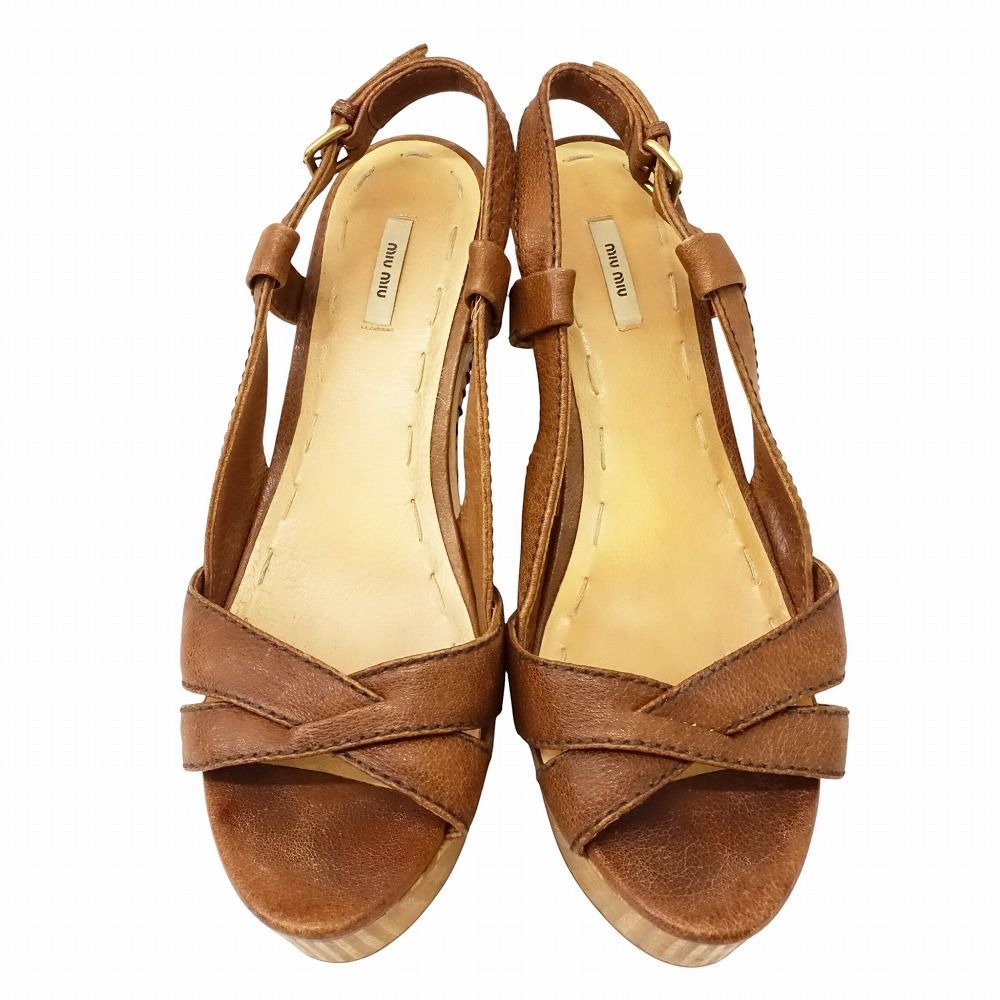 ミュウミュウ MIU MIU サンダル クロス ストラップ レザー ウッド
