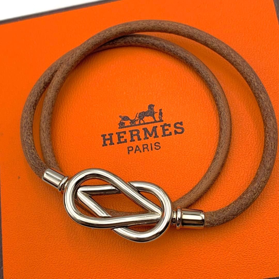 エルメス アタメ チョーカー 2連ブレスレット SV金具 シルバー ブラウンレザー き