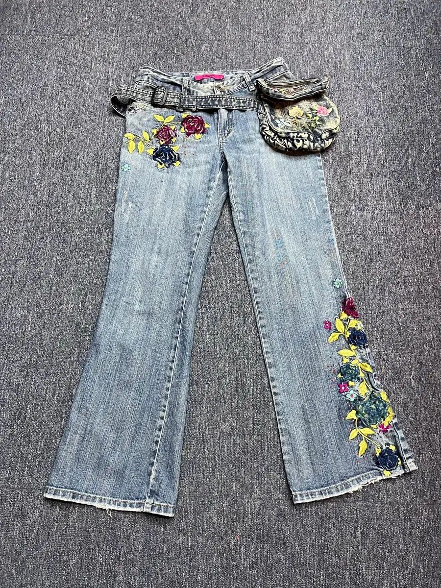 Kiok jeans オリエンタル 刺繍 ブーツカット デニムバッグ セット