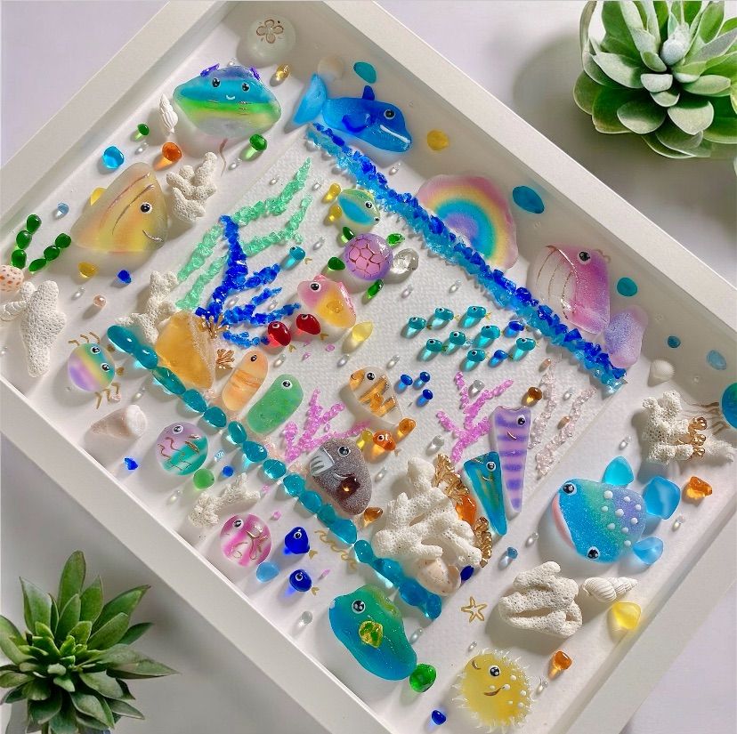 フォロー割あり カラフルな海の世界 シーグラスアート ガラスアート 熱帯魚 ジンベイザメ イルカ ハリセンボン アクアリウム 海インテリア 海ギフト Xmasプレゼント