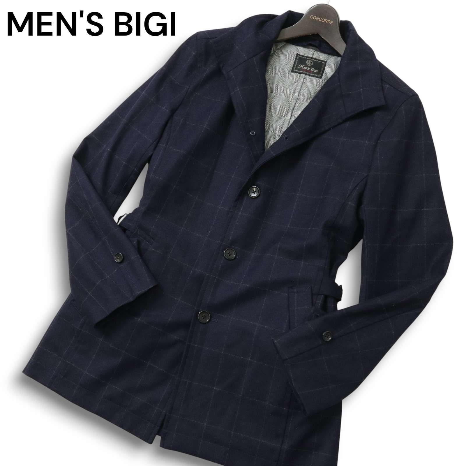 MEN´S BIGI メンズビギ 中綿 キルティング ライナー ウール 襟ワイヤー チェック コート Sz.3 メンズ 紺 ネイビー日本製