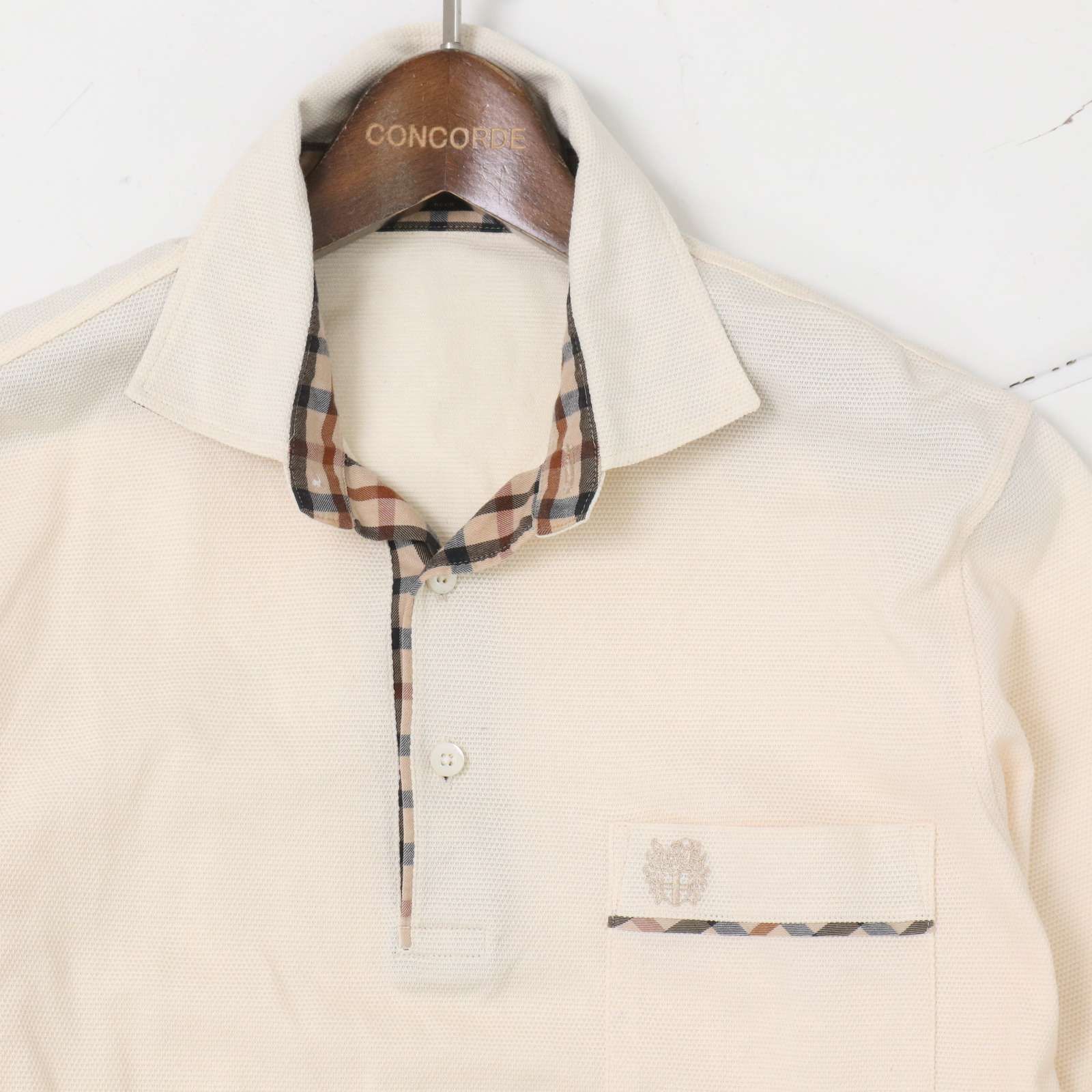 DAKS ダックス 通年☆ ロゴ刺繍 チェック使い 長袖 ポロシャツ Sz.L