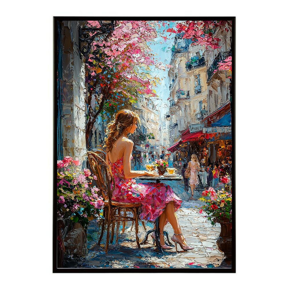 【A2サイズ（約42x59cm）】【lm-poster-2667】【フレーム付き】カフェに沈む午後 美女 絵画 画 油絵 ハンドメイド タッチ 手書き 街角 風景 カフェ ポスター インテリア